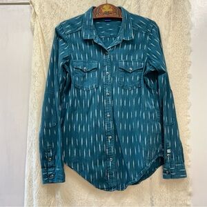 Kavu 100% cottonwestern dark teal button up size medium elbow patches blue green